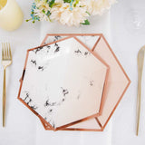 50 Pack | Blush/Rose Gold Marble 10/8inch Paper Plates, Disposable Hexagon Plates With Gold Foil Rim