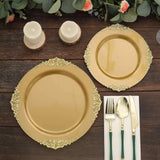 10 Pack | 10inch Gold Leaf Embossed Baroque Plastic Dinner Plates, Vintage Round Dinner Plates