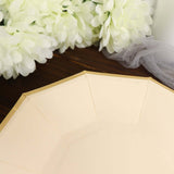 25 Pack | 7inch Beige Gold Foil Rim Geometric Appetizer Paper Plates, Decagon Dessert / Salad Plates