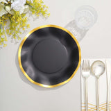 25 Pack | 8inch Matte Black / Gold Wavy Rim Disposable Salad Plates, Appetizer Dessert Party Plates