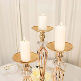 Set of 3 | Gold Metal Crystal Ball Pillar Candle Holders Set, Flower Bowl Pedestal Stand