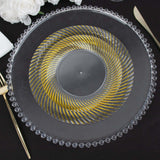 10 Pack | 9inch Clear / Gold Swirl Rim Disposable Dinner Plates, Round Plastic Party Plates