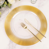 Clear / Gold Lined Rim Wedding Charger Plates, Round Plastic Serving Plates with Elegant Ringed Rim