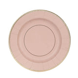 25-Pack Paper Round Dessert Plates in Dusty Rose Sunray Design with Gold Rim#whtbkgd