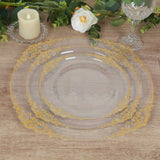 20 Pack Clear Gold Economy Plastic Serving Plates with Embossed Baroque Rim, 13inch Round Decorative