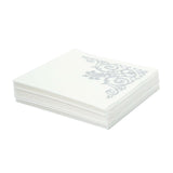 20 Pack White Linen-Feel Beverage Napkins with Silver Fleur Vintage Print