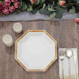 25 Pack | 9inch White Bamboo Print Rim Octagonal Dinner Paper Plates