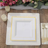 10 Pack - 10inch Gold Trim White Square Plastic Disposable Dinner Plates