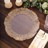 6-Pack Plastic Round Charger Plates 12" in Clear with Gold Brushed Scalloped Reef Rim, Decorative Dinner Party Serving Plates