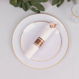 Set of 24 Pre Rolled White Paper Napkins with Rose Gold Plastic Silverware