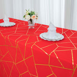 90inch x 132inch Red Rectangle Polyester Tablecloth With Gold Foil Geometric Pattern