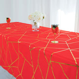 60"x102" Red Rectangle Polyester Tablecloth With Gold Foil Geometric Pattern