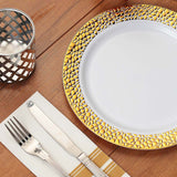 10 Pack | 10inch White Hammered Design Plastic Dinner Plates With Gold Rim