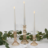 Set of 3 Amber Gold Ribbed Glass Taper Candlestick Holders, Fluted Crystal Candle Stands