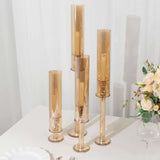 Set of 4 Gold Crystal Glass Hurricane Taper Candle Holders With Tall Cylinder Chimney Tubes