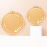 10 Pack 8" Amber Plastic Salad Plates With Gold Leaf Embossed Baroque Rim