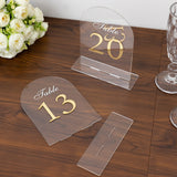 Clear Arch Acrylic Table Numbers (11-20) - 6"x7" Wedding Reception Signs with Gold Print & Stands