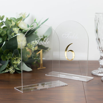 Clear Arch Acrylic Table Numbers (1-10) - 6"x7" Wedding Reception Signs with Gold Print & Stands