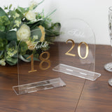 Clear Arch Acrylic Table Numbers (11-20) - 6"x7" Wedding Reception Signs with Gold Print & Stands