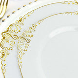 10 Pack | 8inch White Gold Leaf Embossed Baroque Plastic Salad Dessert Plates