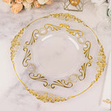 10 Pack Clear Gold European Style Disposable Dinner Plates Vintage Baroque With Scalloped Rim