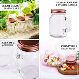 4 Pack | 4oz Rustic Clear Glass Mason Jars With Handles & Rose Gold Screw On Lids