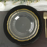 10 Pack | 10inch Clear / Gold Scalloped Rim Disposable Dinner Plates, Large Plastic Party Plates