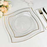 10 Pack | 10inch Clear / Gold Wavy Rim Modern Square Plastic Dinner Plates, Disposable Party Plates