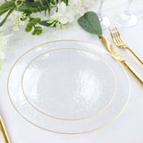 10 Pack | Clear Hammered 7inch Round Plastic Dessert Appetizer Plates With Gold Rim