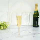 12 Pack | 6oz Gold Glitter Sprinkled Clear Plastic Champagne Flutes, Disposable Flared Glasses