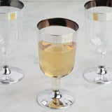 12 Pack | 6oz Chrome Silver Rim Clear Plastic Short Stem Wine Glasses, Disposable Party Cups