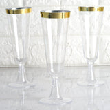 12 Pack | 5oz Gold Rim Clear Short Stem Plastic Champagne Glasses, Disposable Trumpet Flutes