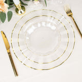 10 Pack | 6inch Clear Heavy Duty Disposable Salad Plates with Gold Ruffled Rim, Dessert Dinnerware