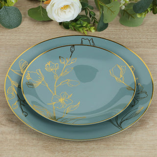 <h3 style="margin-left:0px;"><span style="background-color:transparent;color:#1d1f25;">Sophisticated Dusty Blue Plastic Party Plates With Metallic Gold Floral Design</span>