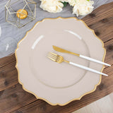 6 Pack | 13inch Taupe / Gold Scalloped Rim Acrylic Charger Plates, Round Plastic Charger Plates