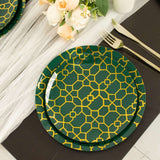 20 Pack Set | 9inch, 7inch Hunter Emerald Green Geometric Gold Print Plastic Plates