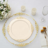 10 Pack | 10inch Ivory Gold Leaf Embossed Baroque Plastic Dinner Plates