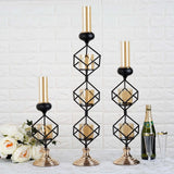 28inch Tall 3-Tier Stacked Black Geometric Candle Holder with Amber Glass Votives & Gold Trim