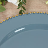 10-Pack Economy Round Plastic Charger Plates 13inch in Dusty Blue with Gold Beaded Rim