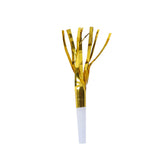 Gold foil party horn on a white background.