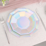 25 Pack | Iridescent 9inch Geometric Dinner Paper Plates, Disposable Plates with Decagon Rim