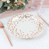 25 Pack | 9inch White Metallic Rose Gold Polka Dot Dinner Paper Plates