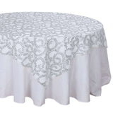 72"x72" Silver Sequin Leaf Embroidered Tulle Table Overlay, Square Sheer Table Topper