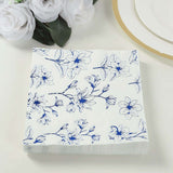 50 Pack White 2-Ply Paper Beverage Napkins with Blue Outlined Flowers Print