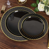 7.5inch Black / Gold 3D Disposable Dessert Plates Dotted Rim Design, Round Plastic Appetizer Plates