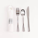 Set of 24 Pre Rolled White Paper Napkins with Silver Plastic Silverware