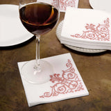 20 Pack White Linen-Feel Beverage Napkins with Rose Gold Fleur Vintage Print