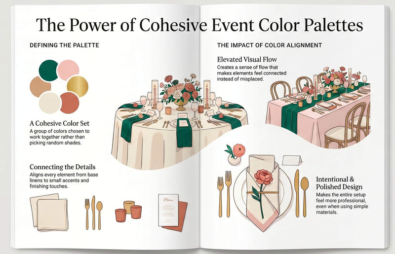 Cohesive event color palette guide with table settings