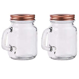 4 Pack | 4oz Rustic Clear Glass Mason Jars With Handles & Rose Gold Screw On Lids