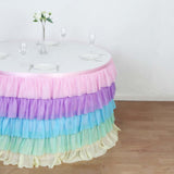 14ft Rainbow Chiffon Ruffled Tutu Table Skirt with Satin Backing, 5-Tier Gradient Unicorn Themed